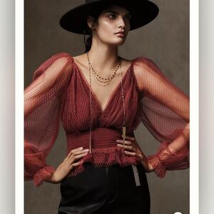 NWT Anthropologie Women’s Tulle Blouse Sheer Puff Sleeves V-Neck Size Medium